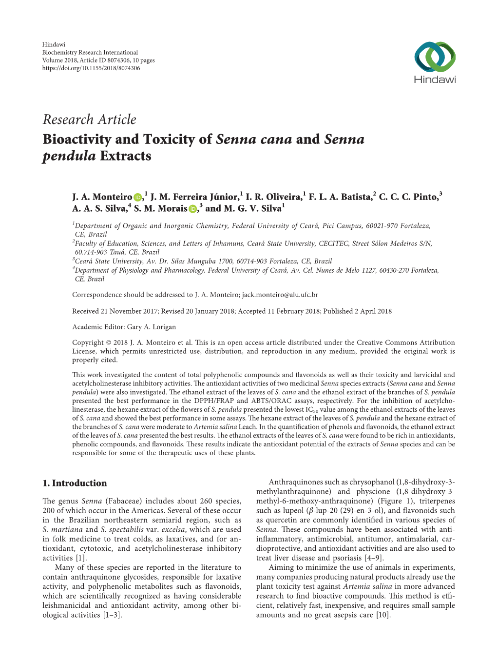 Research Article Bioactivity and Toxicity of Senna Cana and Senna Pendula Extracts