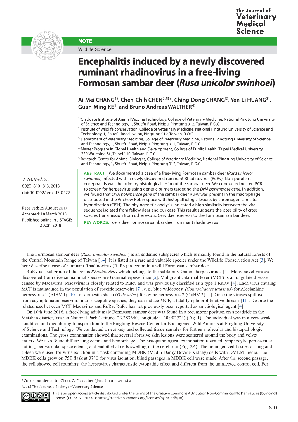 Encephalitis Induced by a Newly Discovered Ruminant Rhadinovirus in a Free-Living Formosan Sambar Deer (Rusa Unicolor Swinhoei)