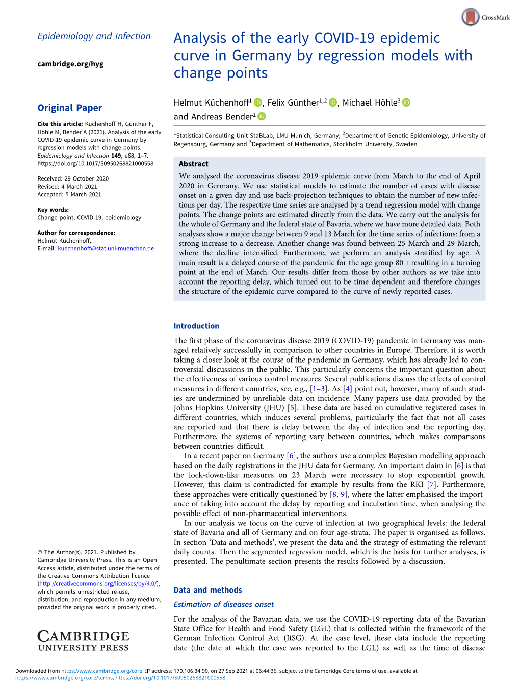 Analysis of the Early COVID-19 Epidemic Curve in Germany by Regression Models with Cambridge.Org/Hyg Change Points