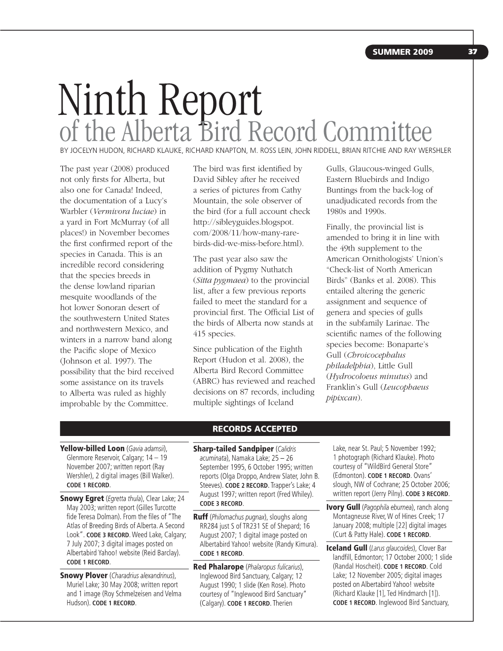 Ninth Report of the Alberta Bird Record Committee by JOCELYN HUDON, RICHARD KLAUKE, RICHARD KNAPTON, M