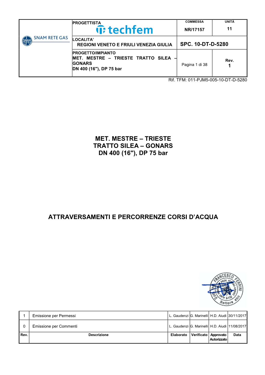 MET. MESTRE – TRIESTE TRATTO SILEA – GONARS DN 400 (16"), DP 75 Bar