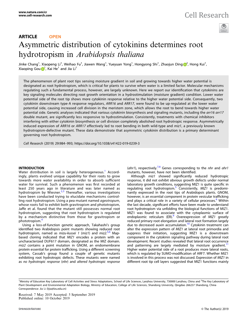 Asymmetric Distribution of Cytokinins Determines Root Hydrotropism in Arabidopsis Thaliana