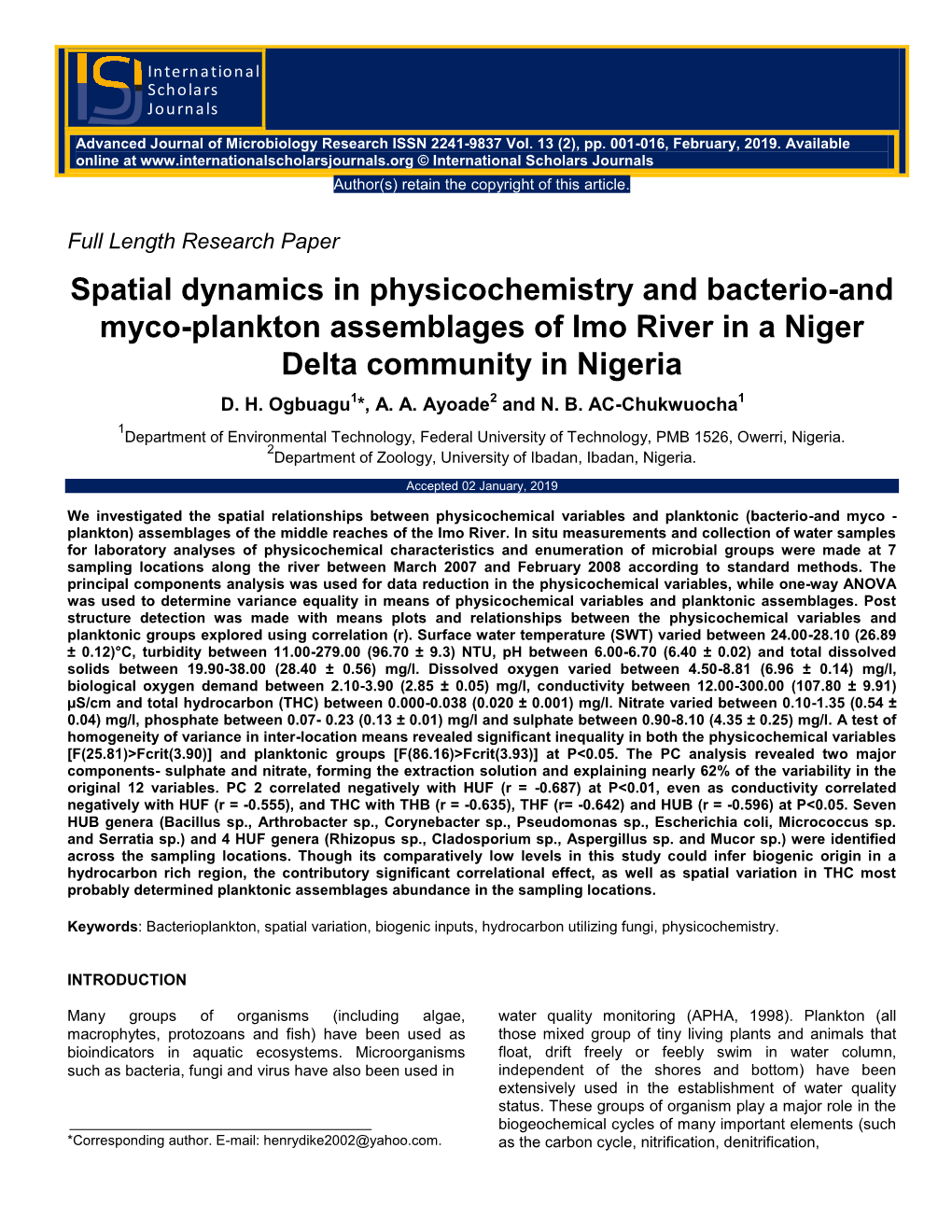 Spatial Dynamics in Physicochemistry and Bacterio-And Myco-Plankton Assemblages of Imo River in a Niger Delta Community in Nigeria