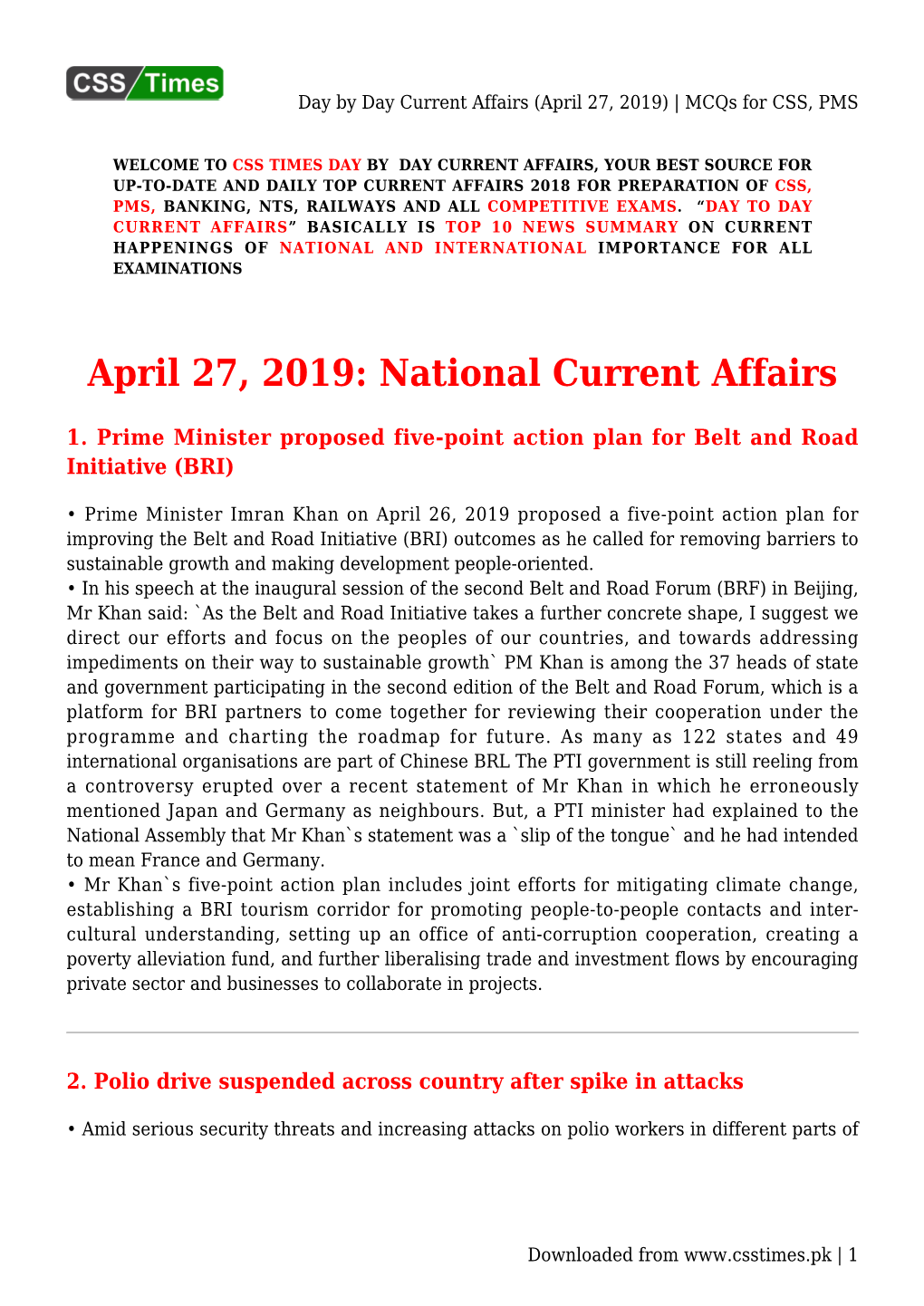 Day by Day Current Affairs (April 27, 2019) | Mcqs for CSS, PMS