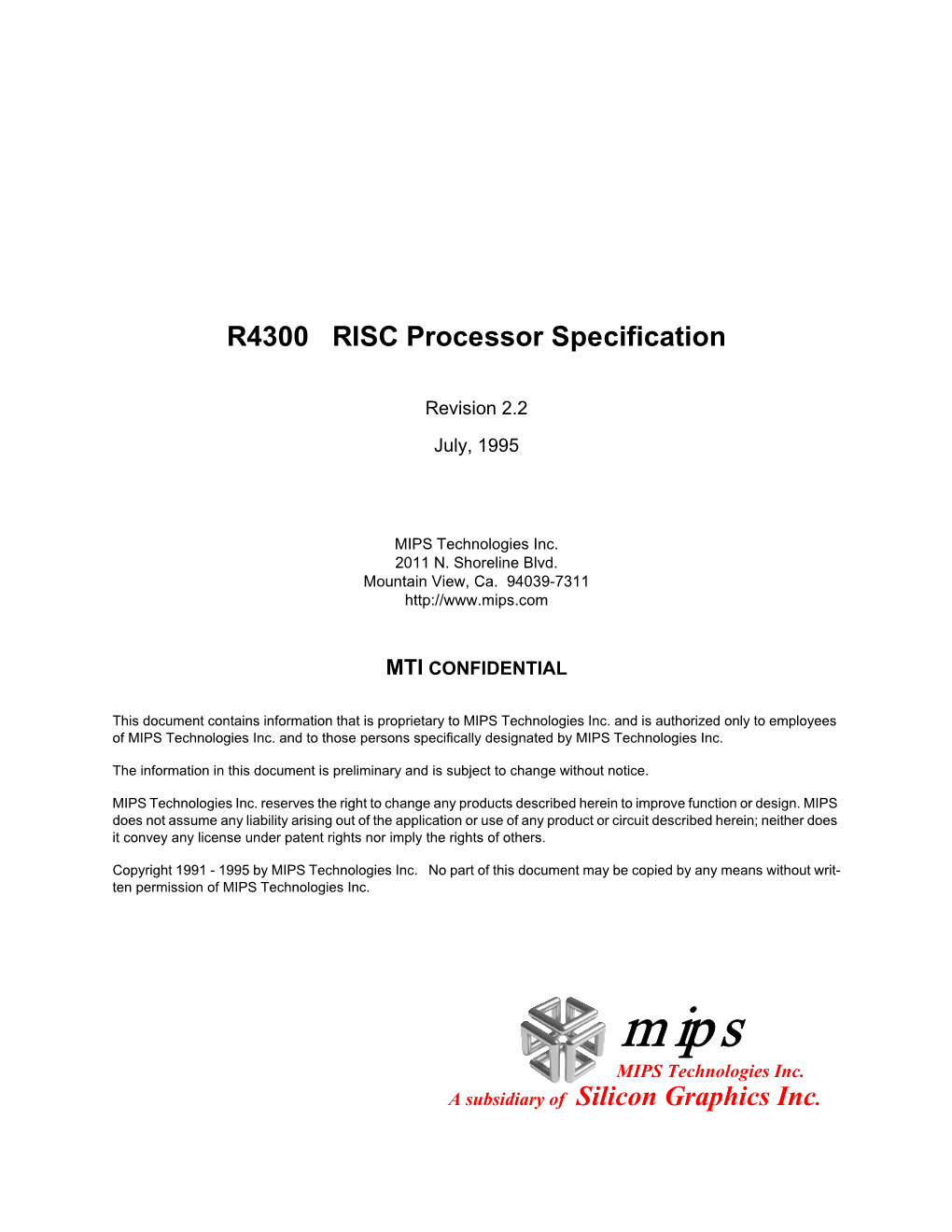 R4300 RISC Processor Specification a Subsidiary of Silicon Graphics Inc