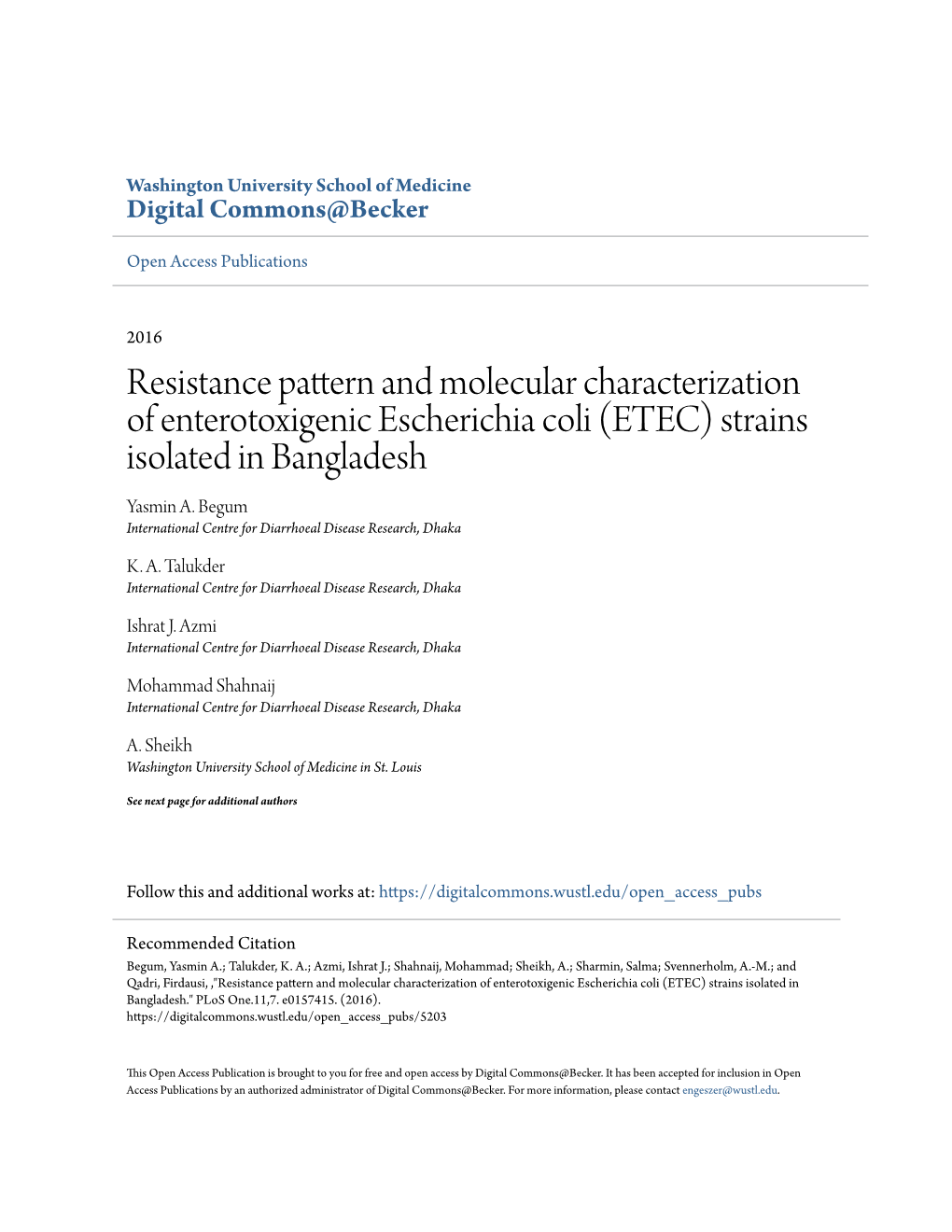 ETEC) Strains Isolated in Bangladesh Yasmin A