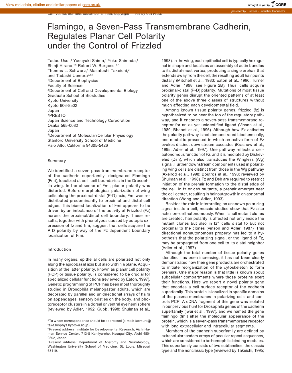 Flamingo, a Seven-Pass Transmembrane Cadherin, Regulates Planar Cell Polarity Under the Control of Frizzled