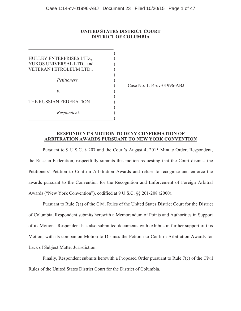 Case 1:14-Cv-01996-ABJ Document 23 Filed 10/20/15 Page 1 of 47