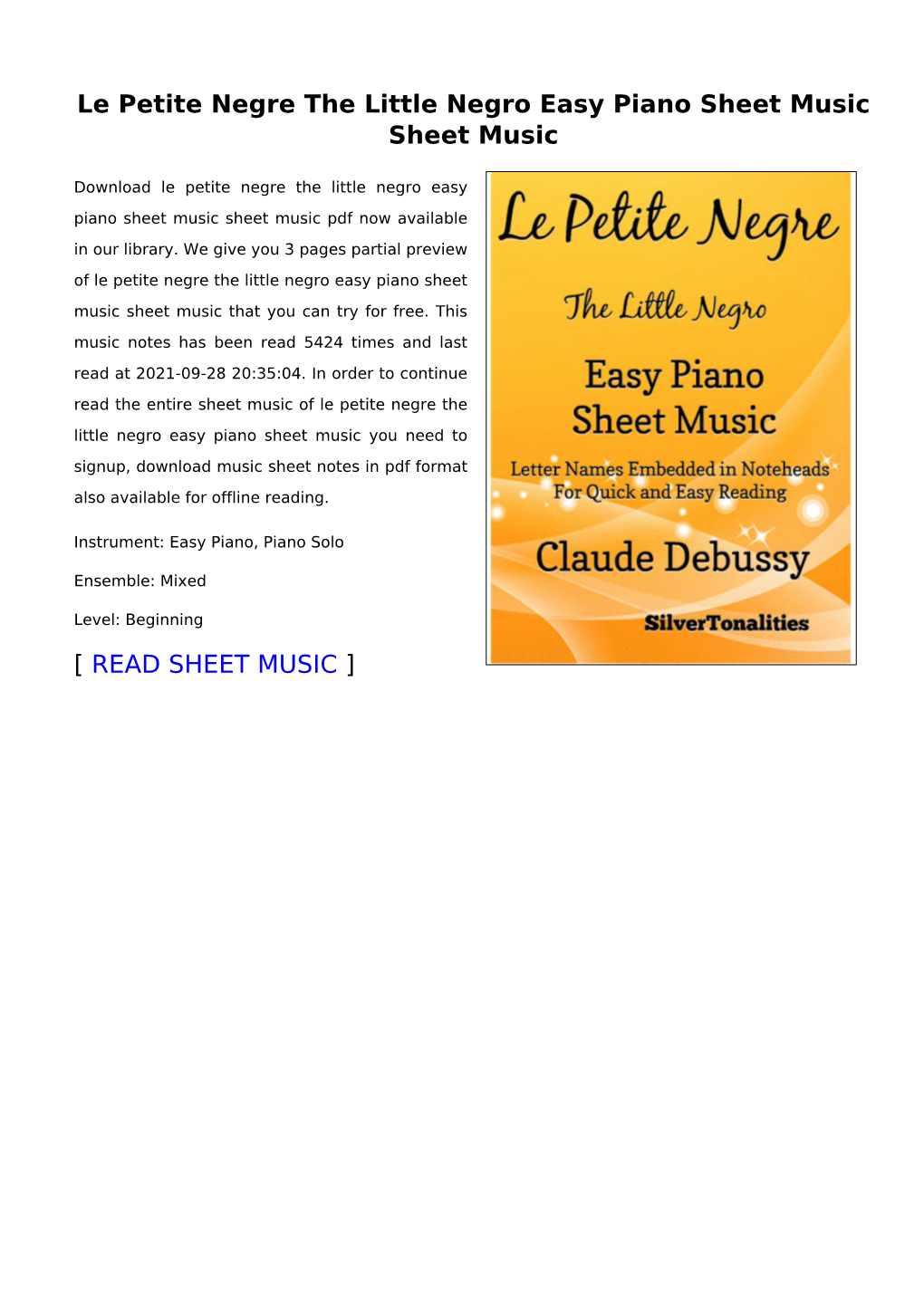 Le Petite Negre the Little Negro Easy Piano Sheet Music Sheet Music