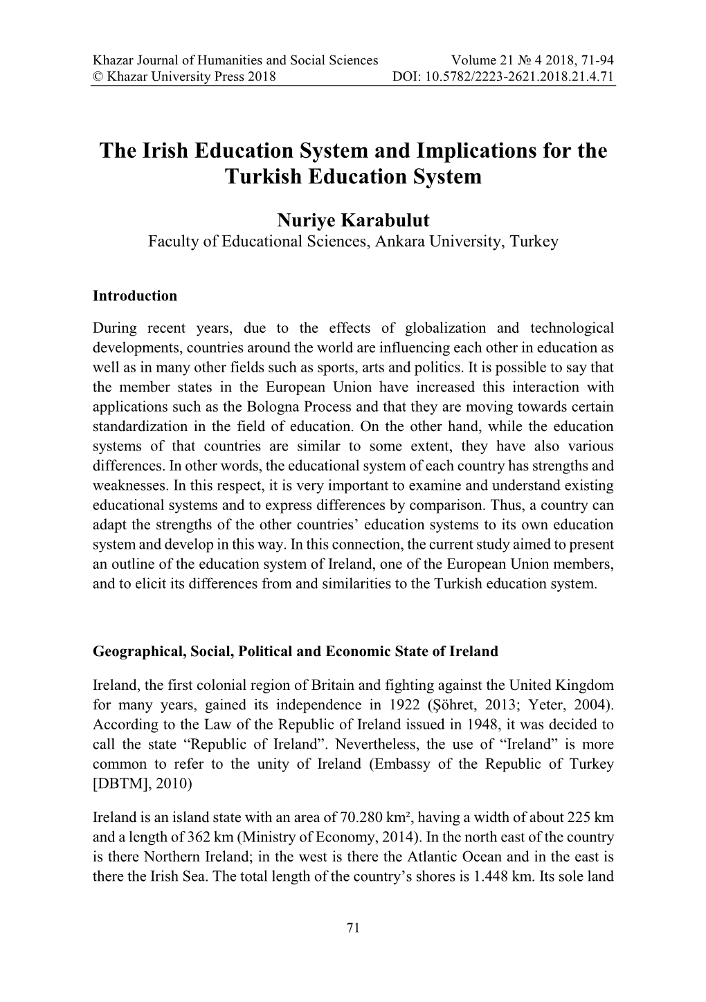 The Irish Education System and Implications for the Turkish Education System