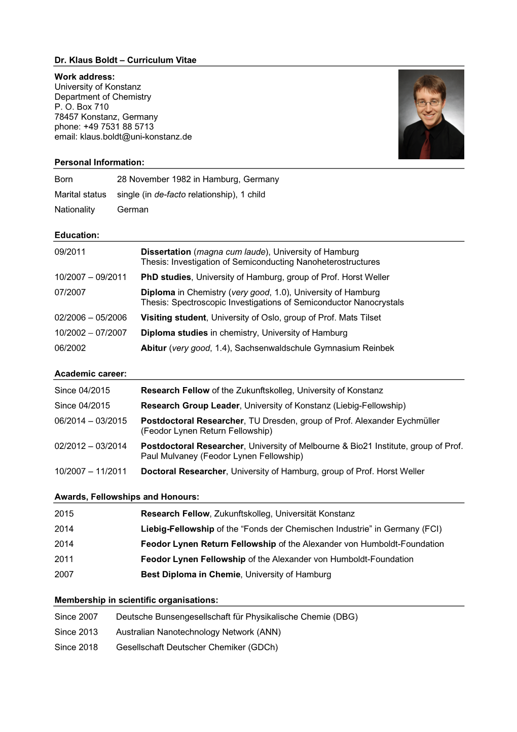 Dr. Klaus Boldt – Curriculum Vitae Work Address: University of Konstanz Department of Chemistry P