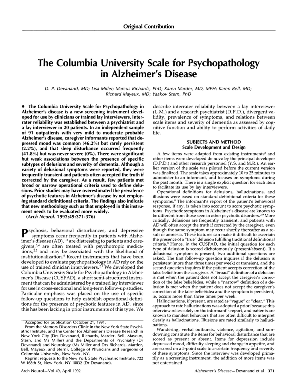 The Columbia University Scale for Psychopathology in Alzheimer's Disease