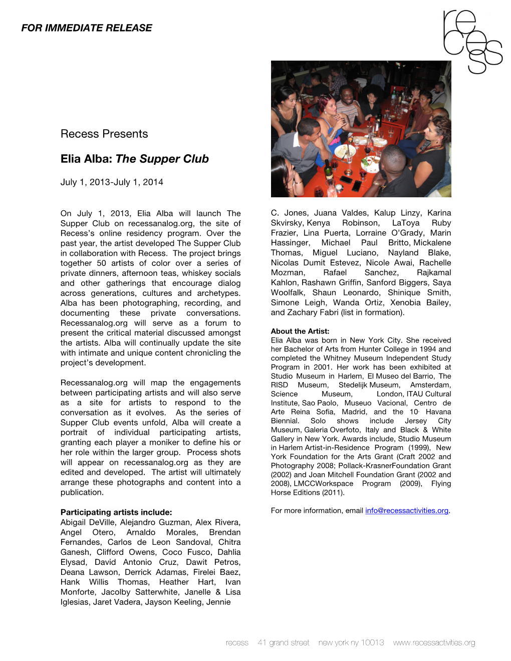 Recess Presents Elia Alba: the Supper Club