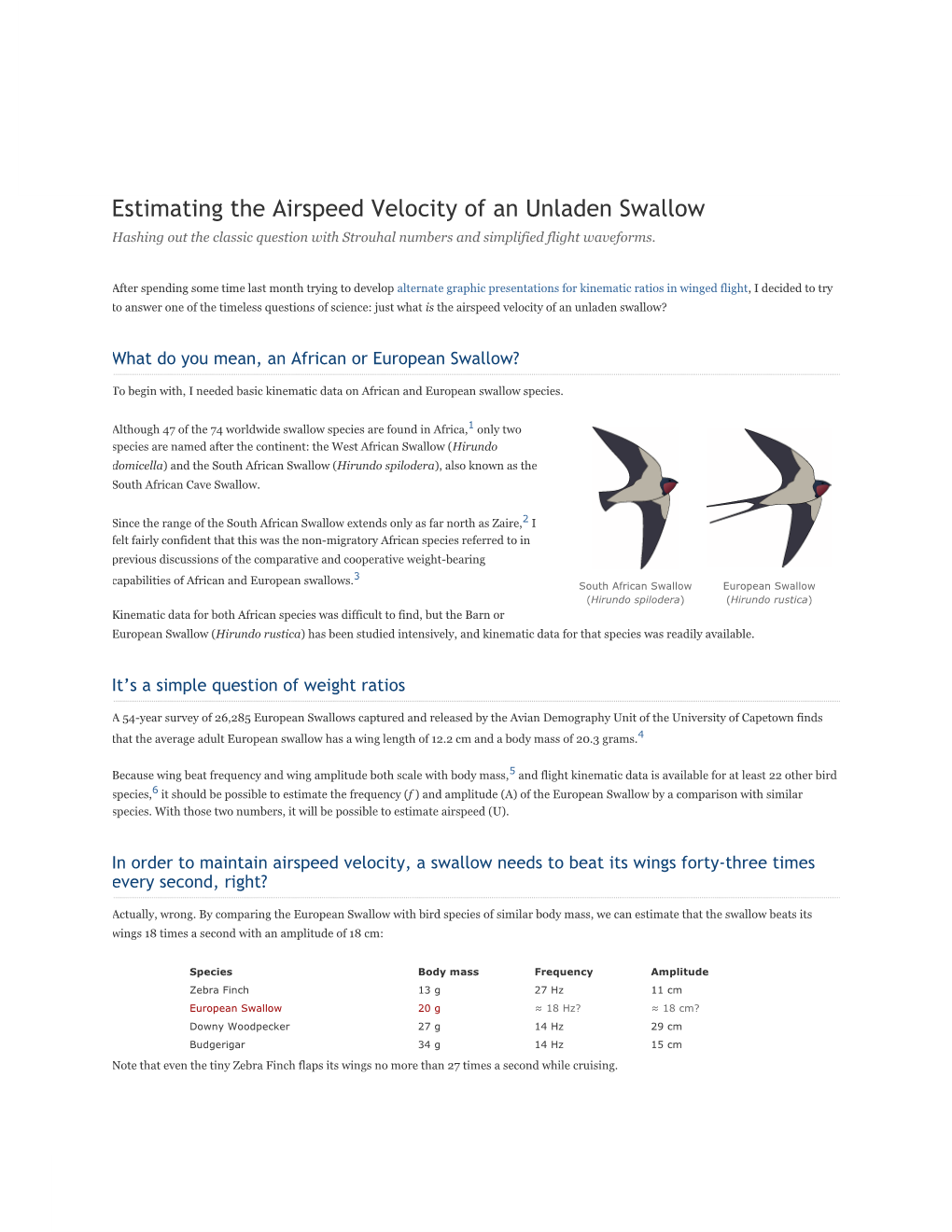 Estimating the Airspeed Velocity of an Unladen Swallow Hashing out the Classic Question with Strouhal Numbers and Simplified Flight Waveforms