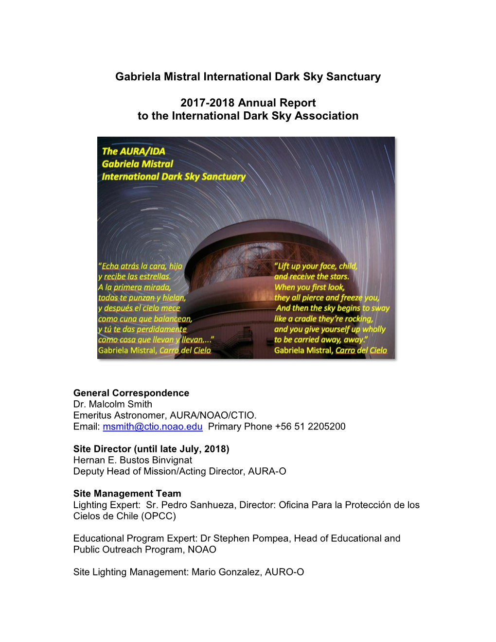 Gabriela Mistral International Dark Sky Sanctuary 2017-2018 Annual