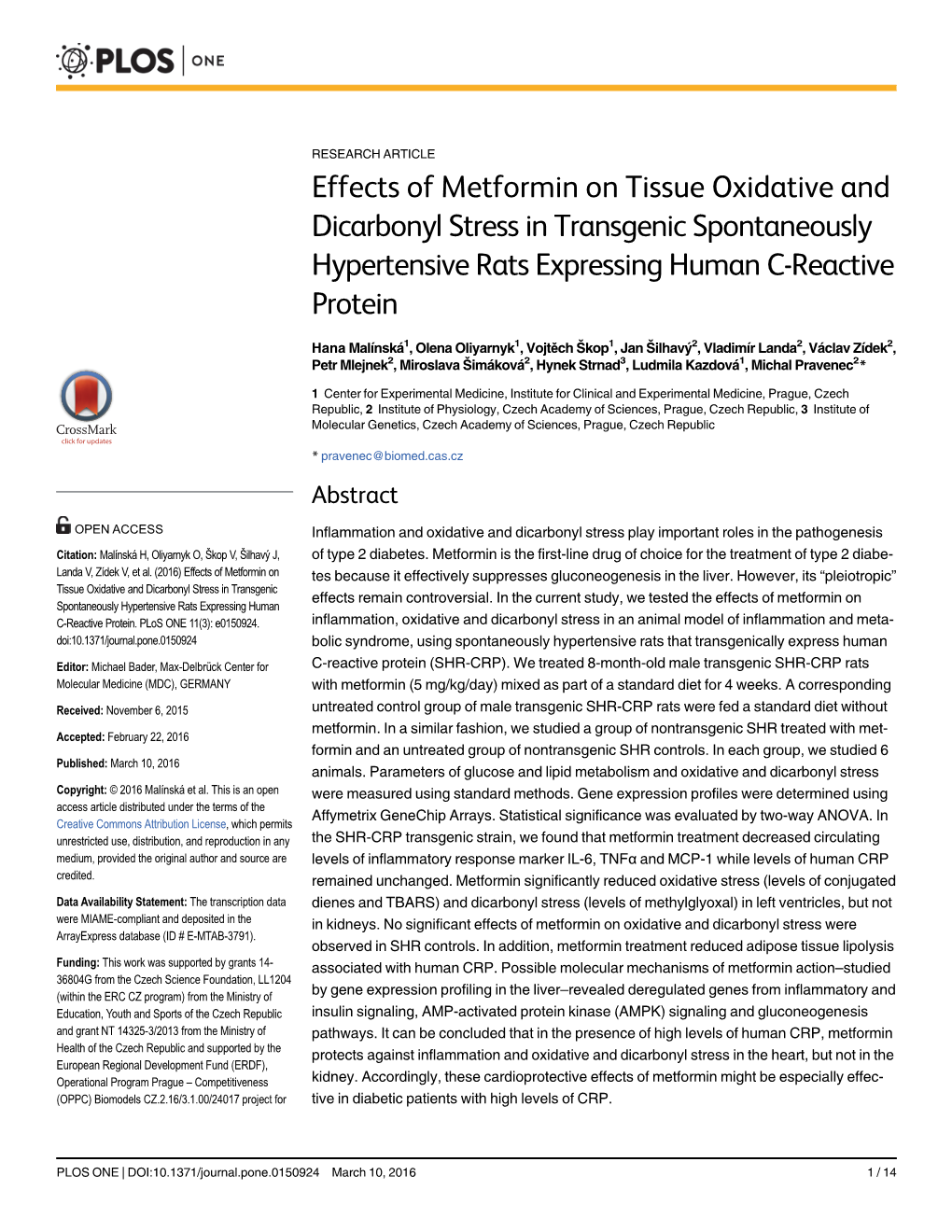 Effects of Metformin on Tissue Oxidative and Dicarbonyl Stress in Transgenic Spontaneously Hypertensive Rats Expressing Human C-Reactive Protein