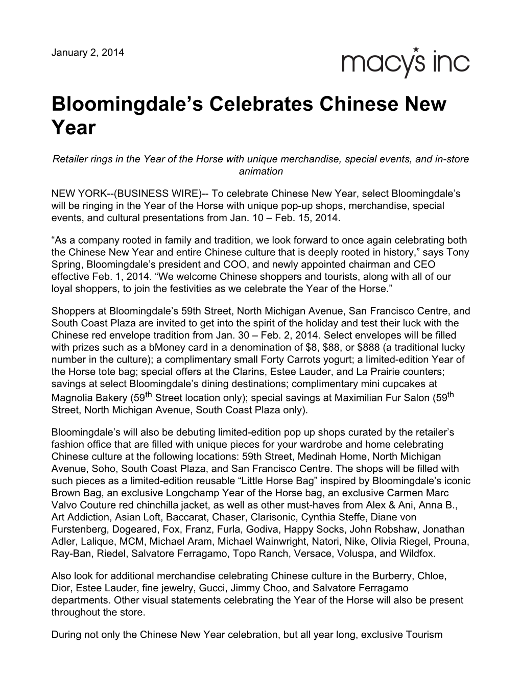 Bloomingdale's Celebrates Chinese New Year