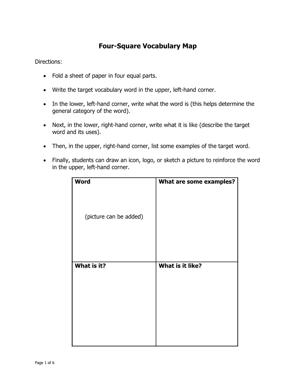 Four-Square Vocabulary Map