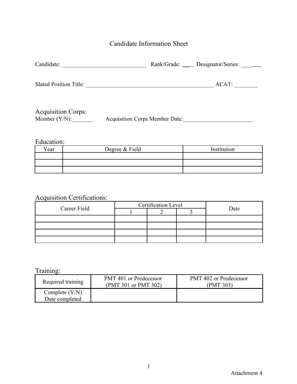 ACAT I/II Program Manager Slating Process Guidance - Attachment 4 - Candidate Information Sheet