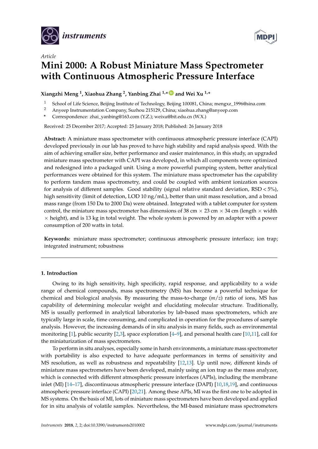 A Robust Miniature Mass Spectrometer with Continuous Atmospheric Pressure Interface