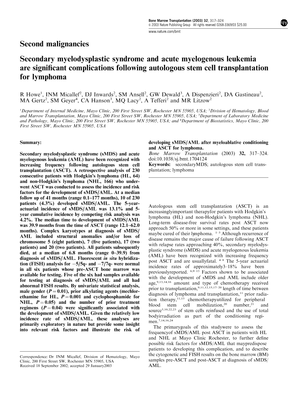 Second Malignancies Secondary Myelodysplastic Syndrome