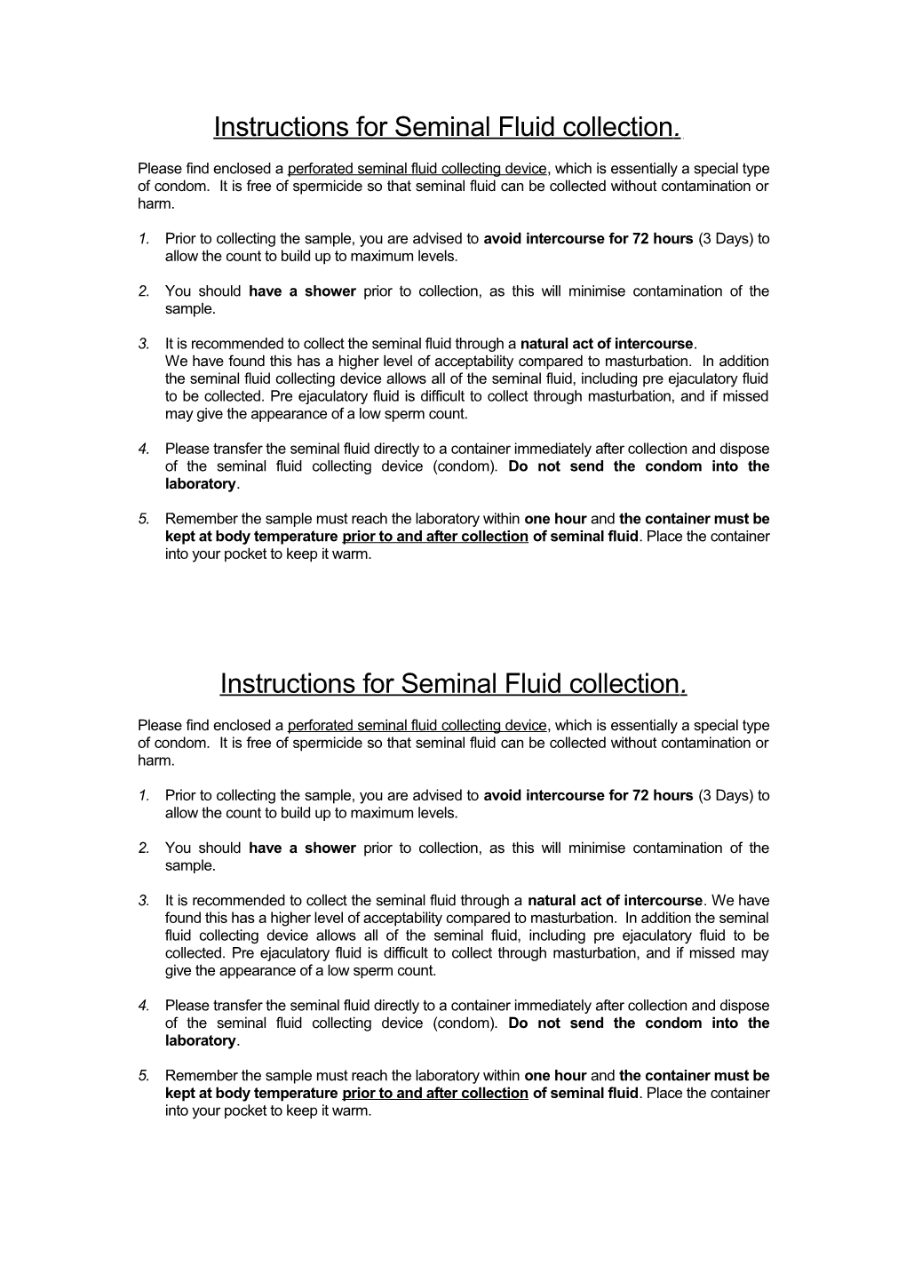 Instructions for Seminal Fluid Collection