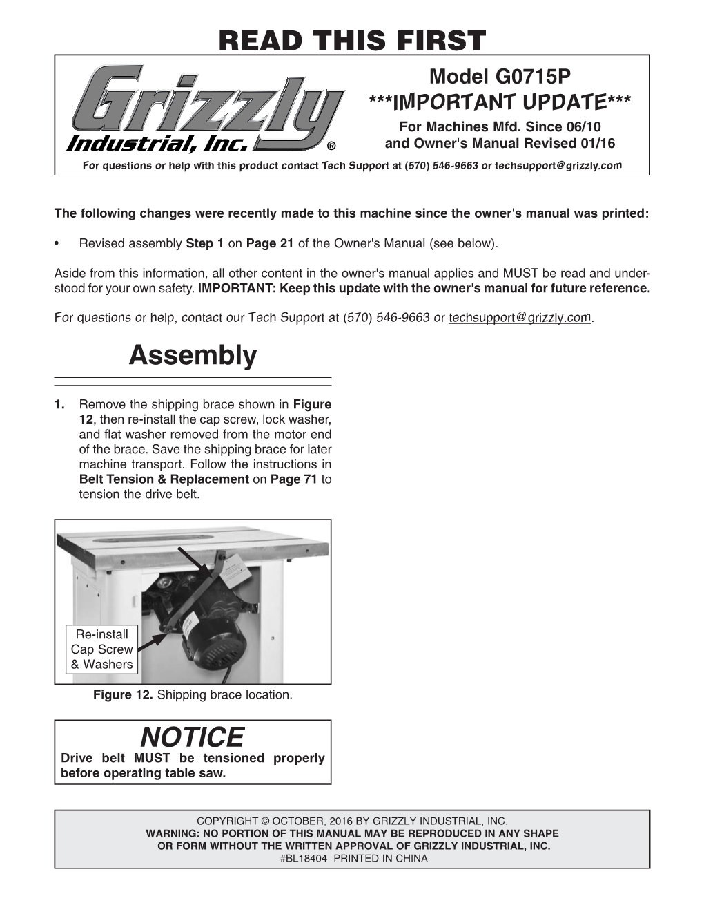 Model G0715P ***IMPORTANT UPDATE*** for Machines Mfd