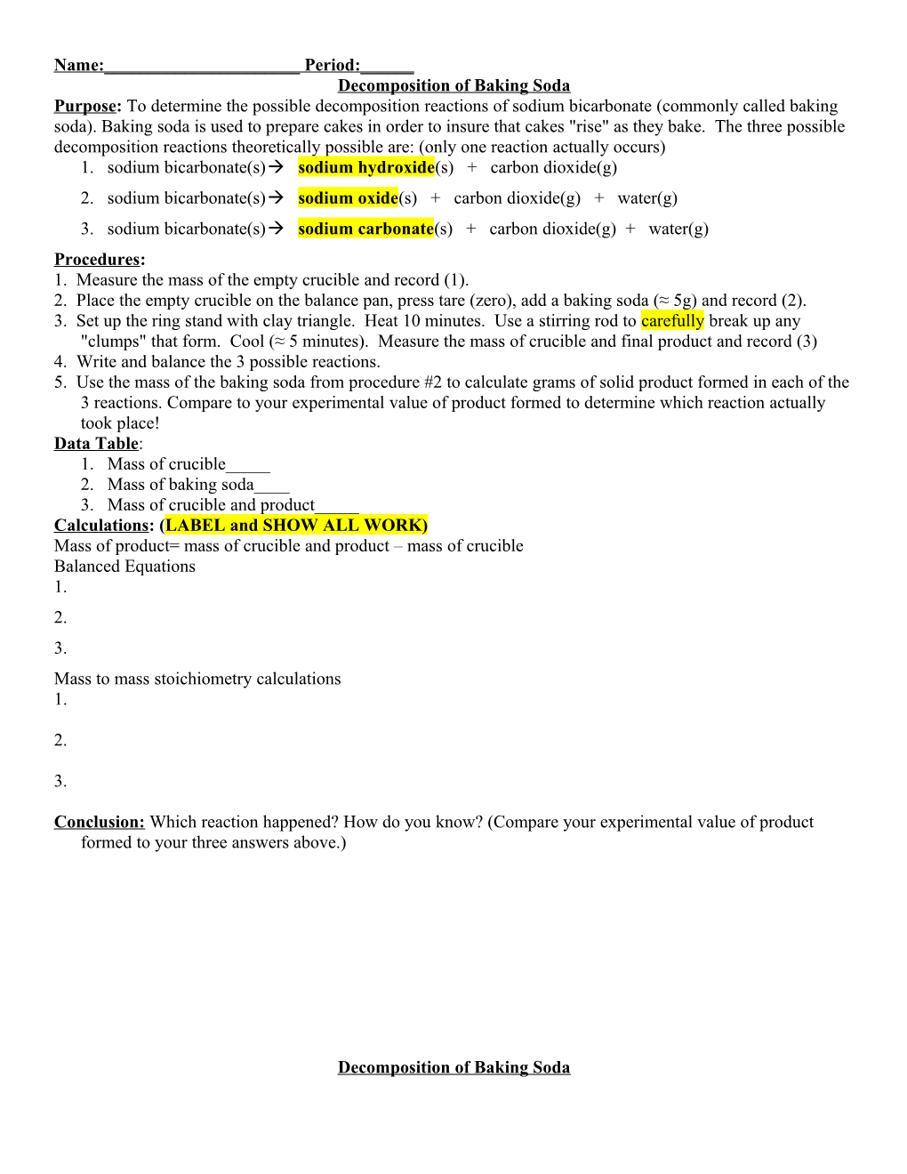 Decomposition of Baking Soda