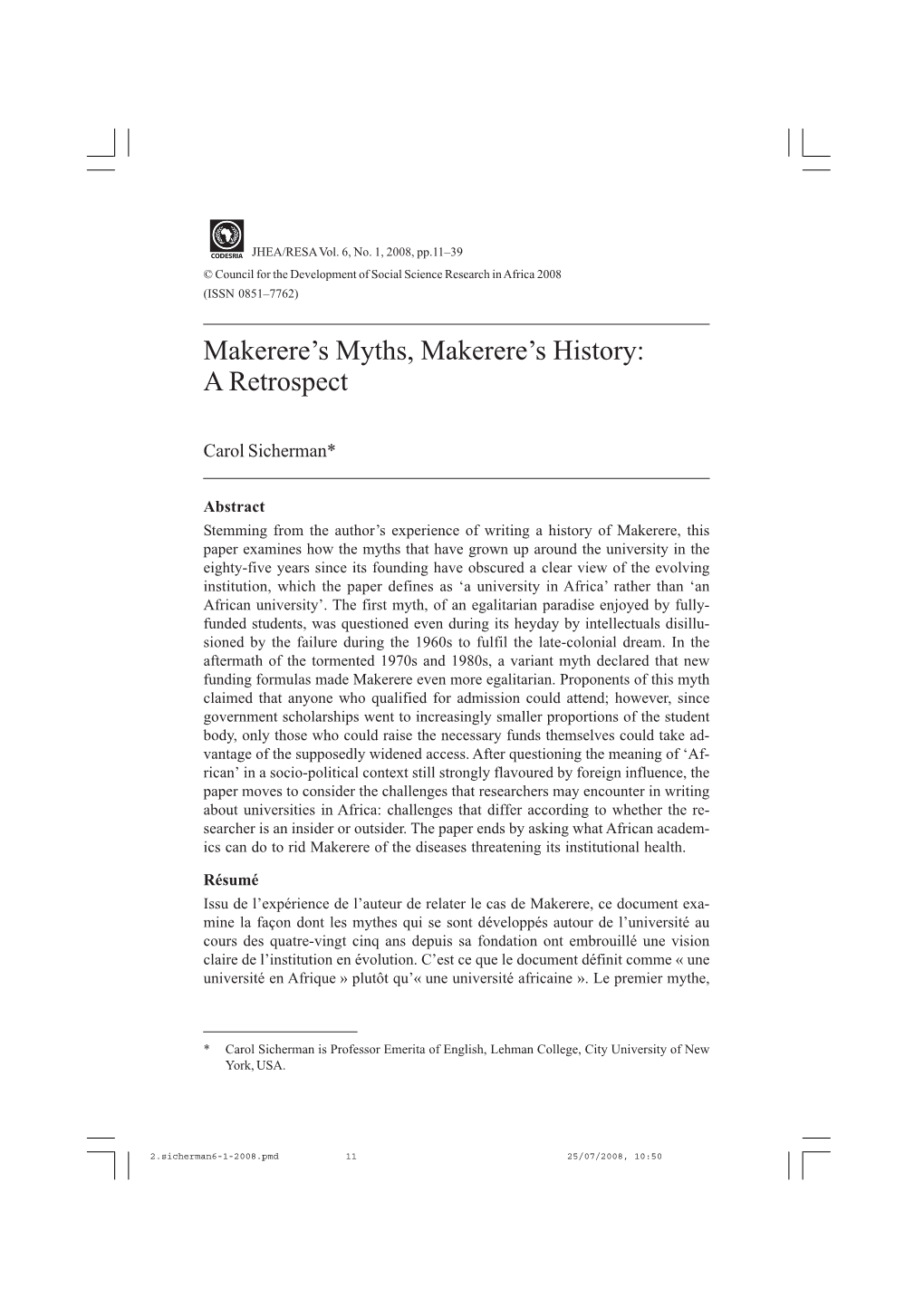 Makerere's Myths, Makerere's History: a Retrospect