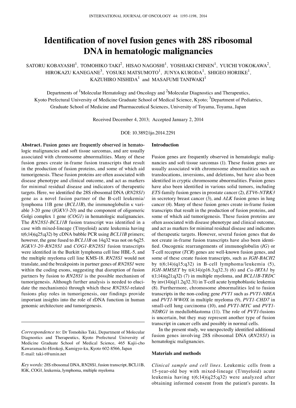 Identification of Novel Fusion Genes with 28S Ribosomal DNA in Hematologic Malignancies