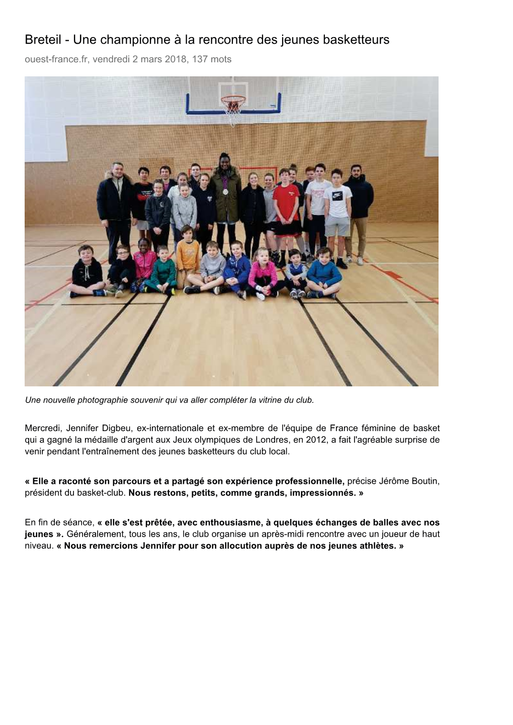 Une Championne À La Rencontre Des Jeunes Basketteurs Ouest-France.Fr, Vendredi 2 Mars 2018, 137 Mots