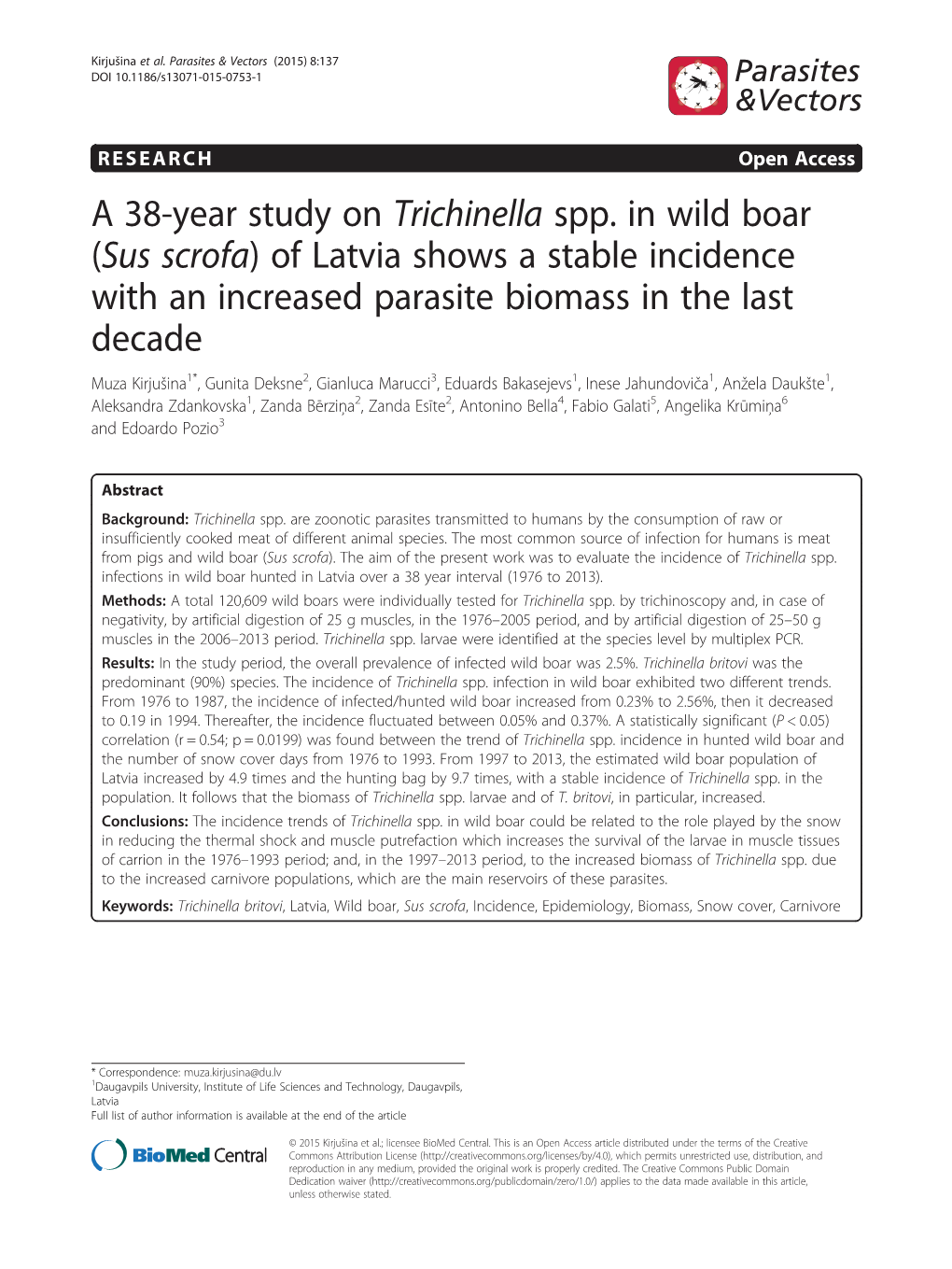 A 38-Year Study on Trichinella Spp. in Wild Boar (Sus Scrofa)