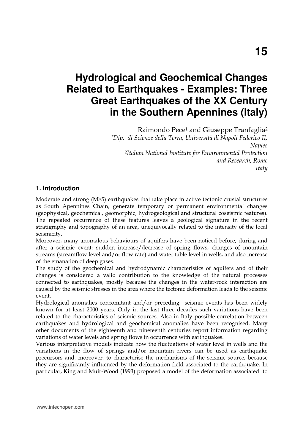 Hydrological and Geochemical Changes Related to Earthquakes - Examples: Three Great Earthquakes of the XX Century in the Southern Apennines (Italy)