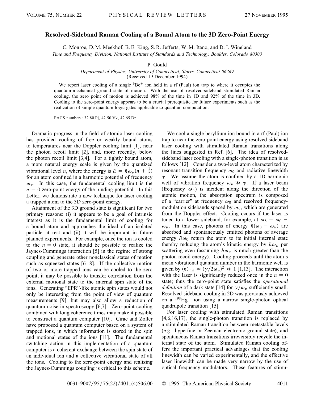 Resolved-Sideband Raman Cooling of a Bound Atom to the 3D Zero-Point Energy