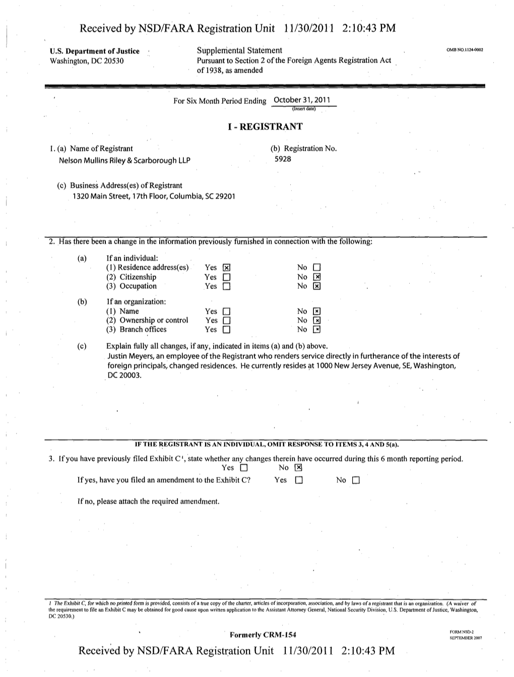 Supplemental Statement OMBNO.H24.OOO2 Washington, DC 20530 Pursuant to Section 2 of the Foreign Agents Registration Act of 1938, As Amended