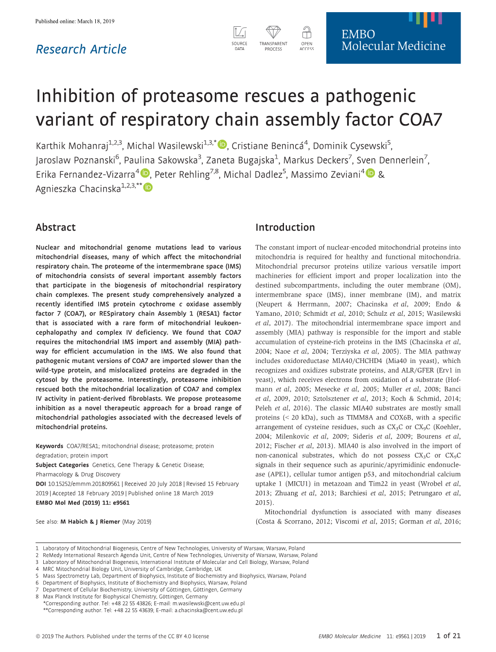 Inhibition of Proteasome Rescues a Pathogenic Variant of Respiratory Chain Assembly Factor COA7