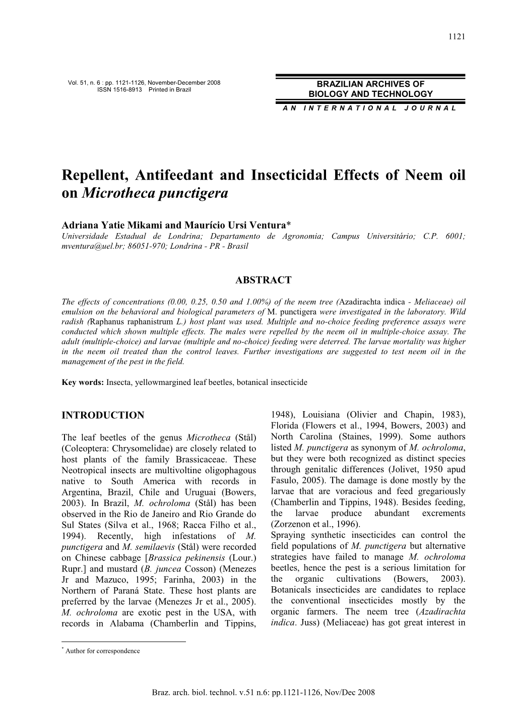 Repellent, Antifeedant and Insecticidal Effects of Neem Oil on Microtheca Punctigera