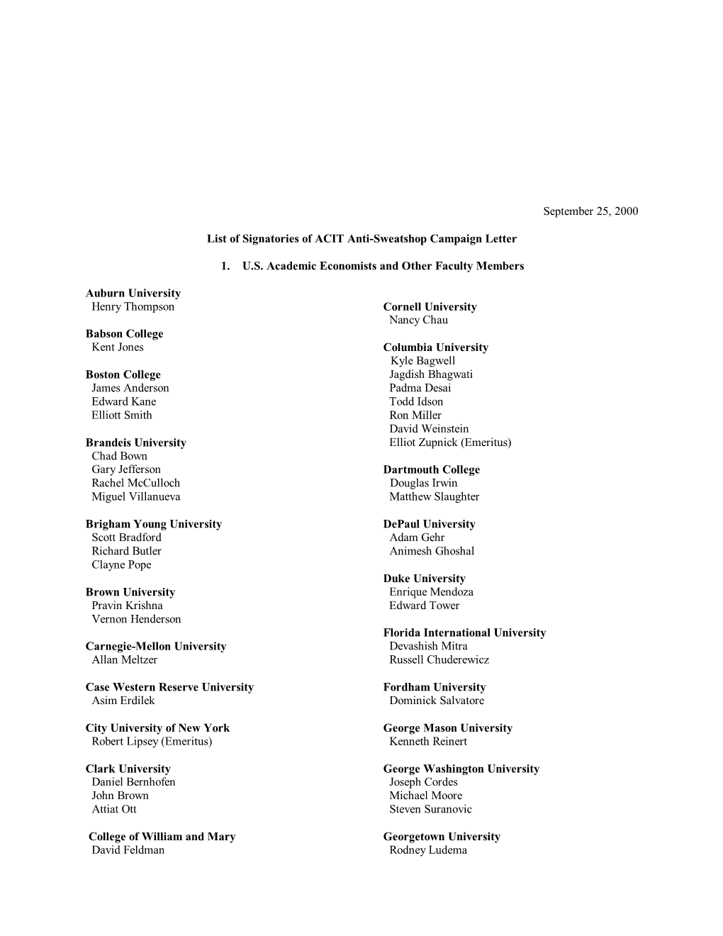 September 25, 2000 List of Signatories of ACIT Anti-Sweatshop