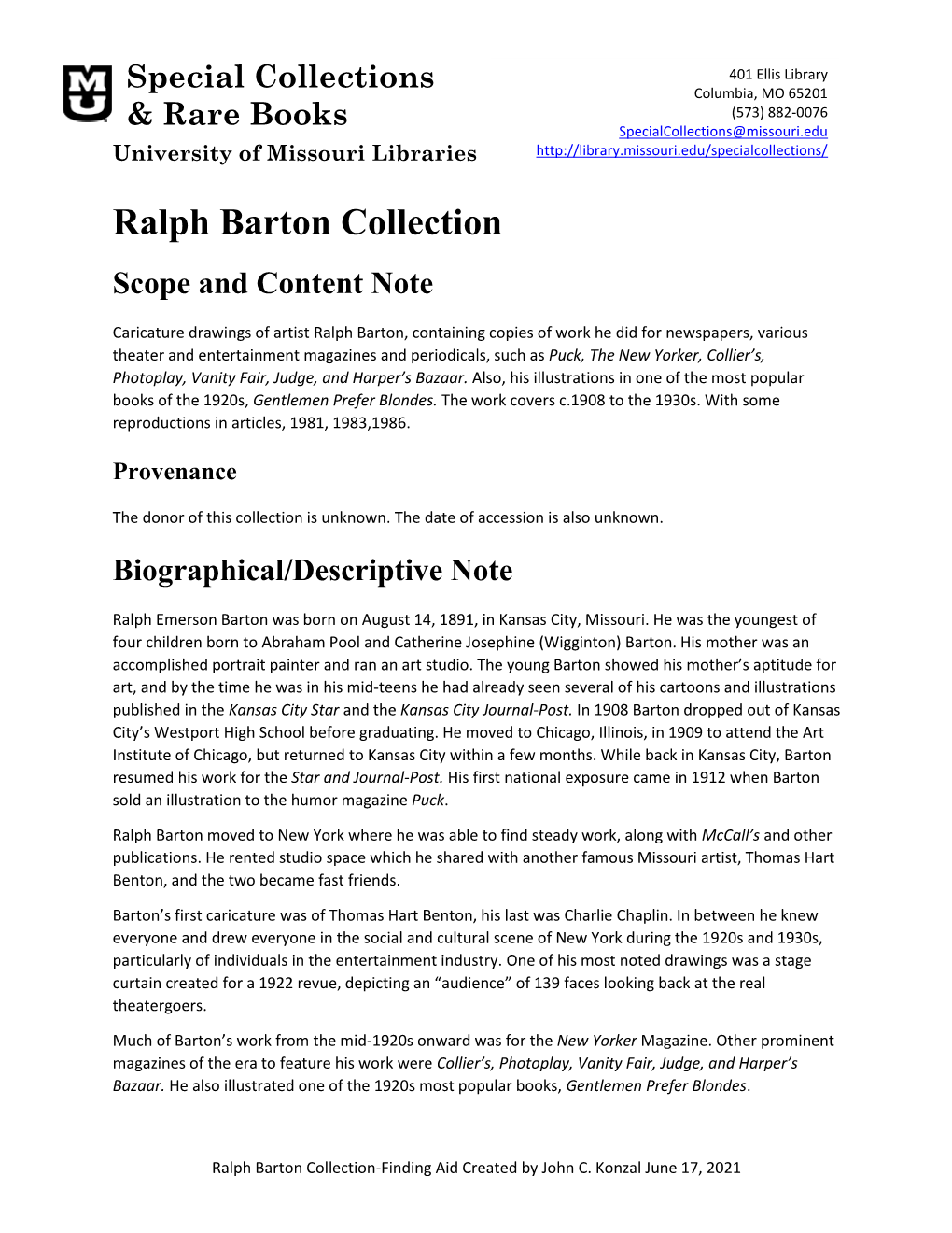 Ralph Barton Collection Scope and Content Note