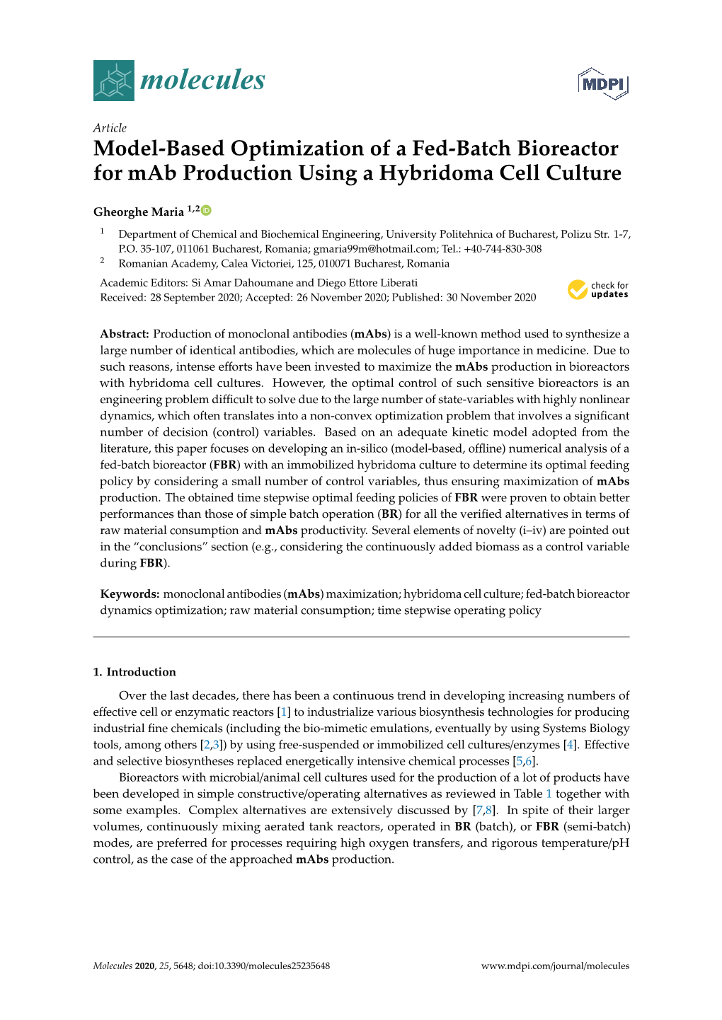 Model-Based Optimization of a Fed-Batch Bioreactor for Mab Production Using a Hybridoma Cell Culture