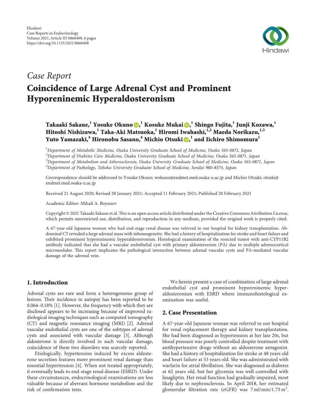 Coincidence of Large Adrenal Cyst and Prominent Hyporeninemic Hyperaldosteronism