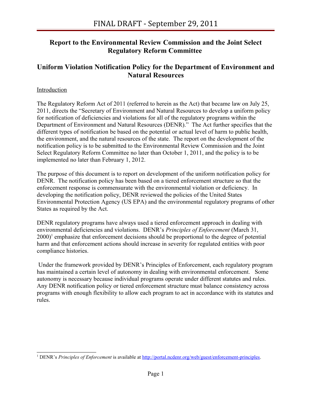 Uniform Violation Notification Policy for the Department of Environment and Natural Resources