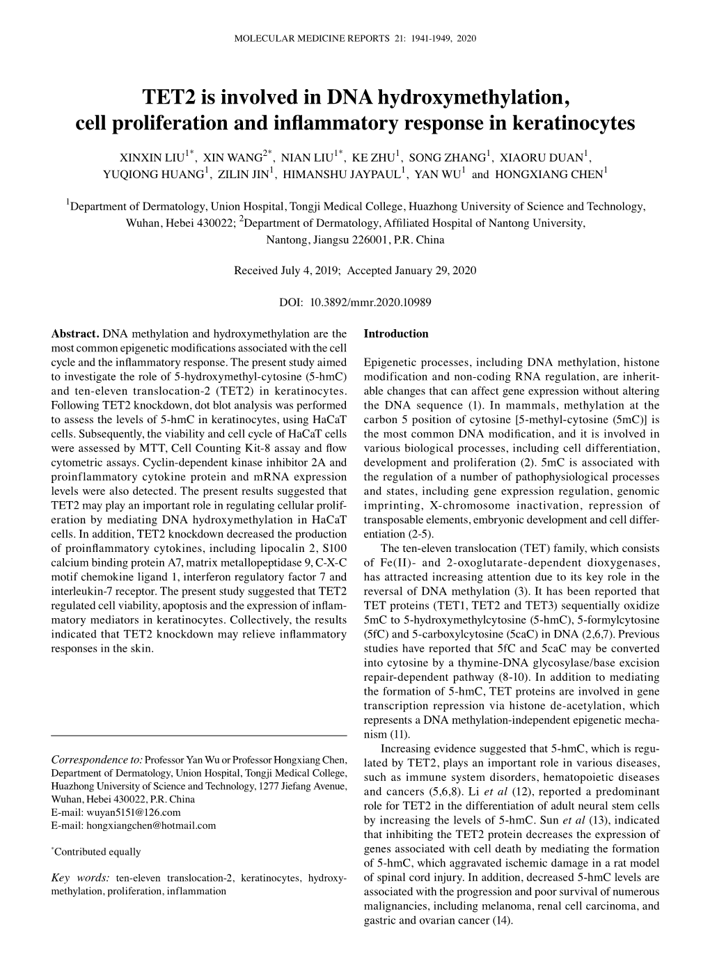 TET2 Is Involved in DNA Hydroxymethylation, Cell Proliferation and Inflammatory Response in Keratinocytes