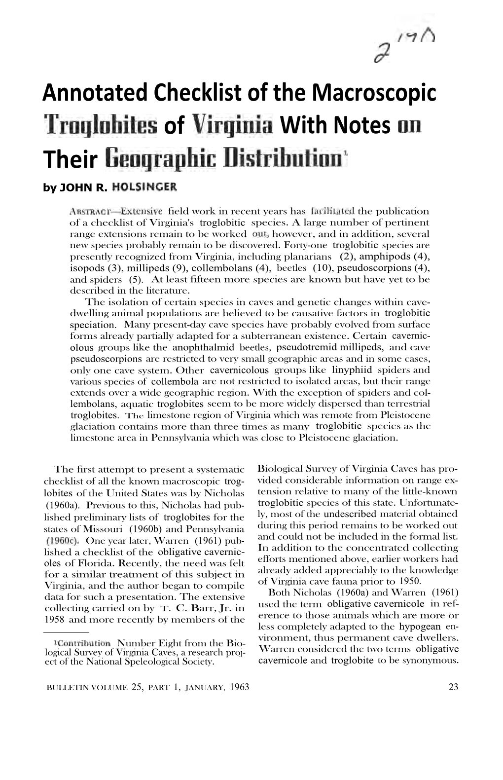 Annotated Checklist of the Macroscopic Troglobites of Virginia with Notes on Their Geographic Ilistributioni by JOHN R