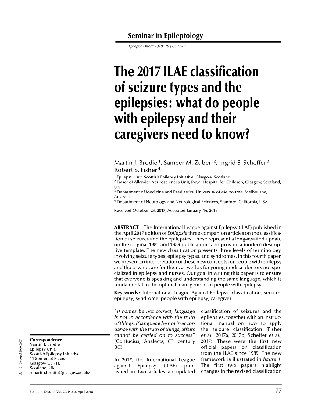 The 2017 ILAE Classification of Seizure Types and the Epilepsies