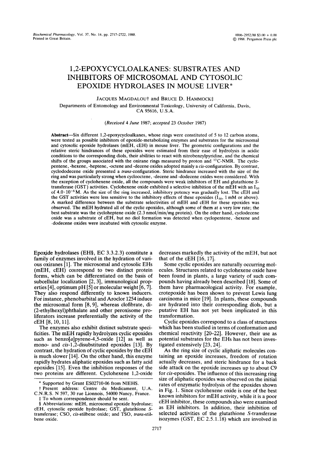 1,2-Epoxycycloalkanes: Substrates and Inhibitors of Microsomal and Cytosolic Epoxide Hydrolases in Mouse Liver*