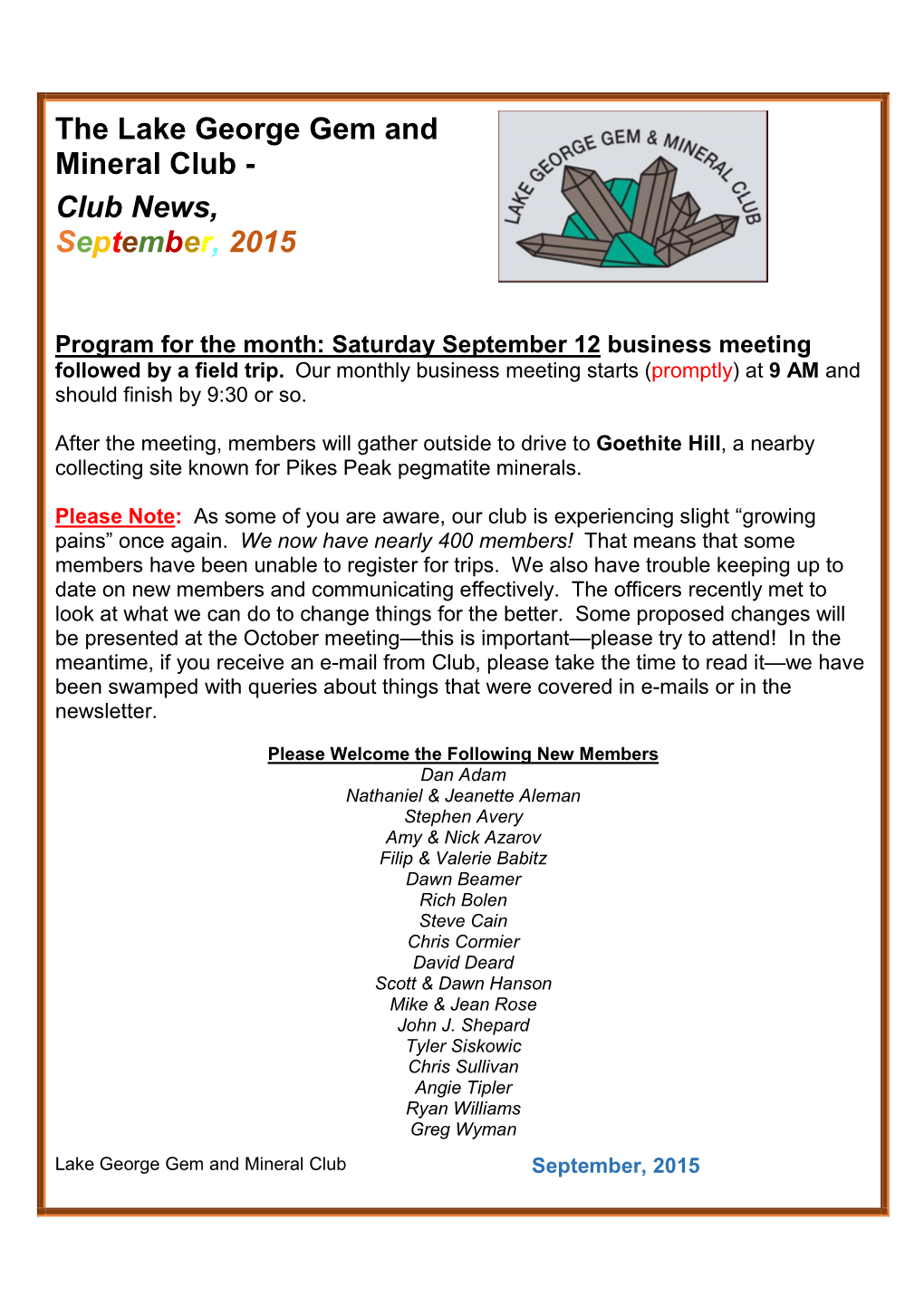 Club News, September, 2015