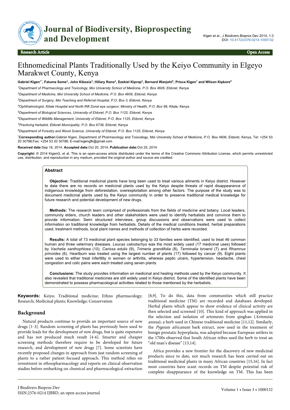 Ethnomedicinal Plants Traditionally Used by the Keiyo Community In