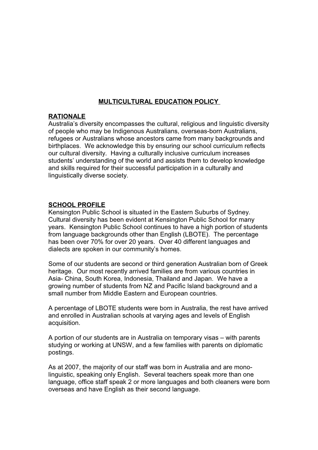 Multicultural Education Policy - Draft