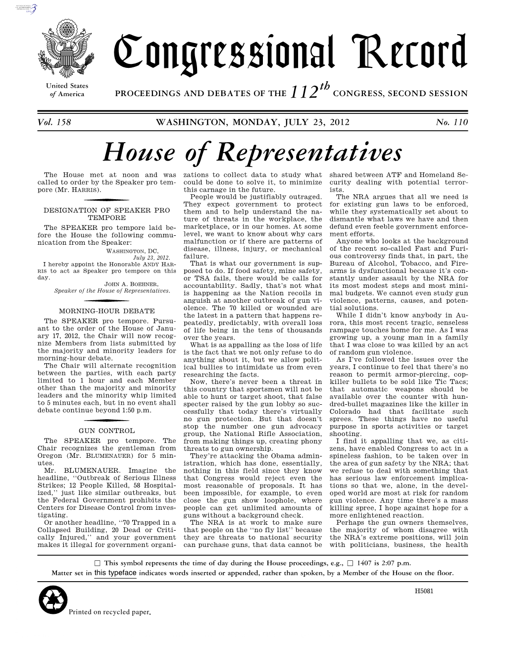 Congressional Record United States Th of America PROCEEDINGS and DEBATES of the 112 CONGRESS, SECOND SESSION